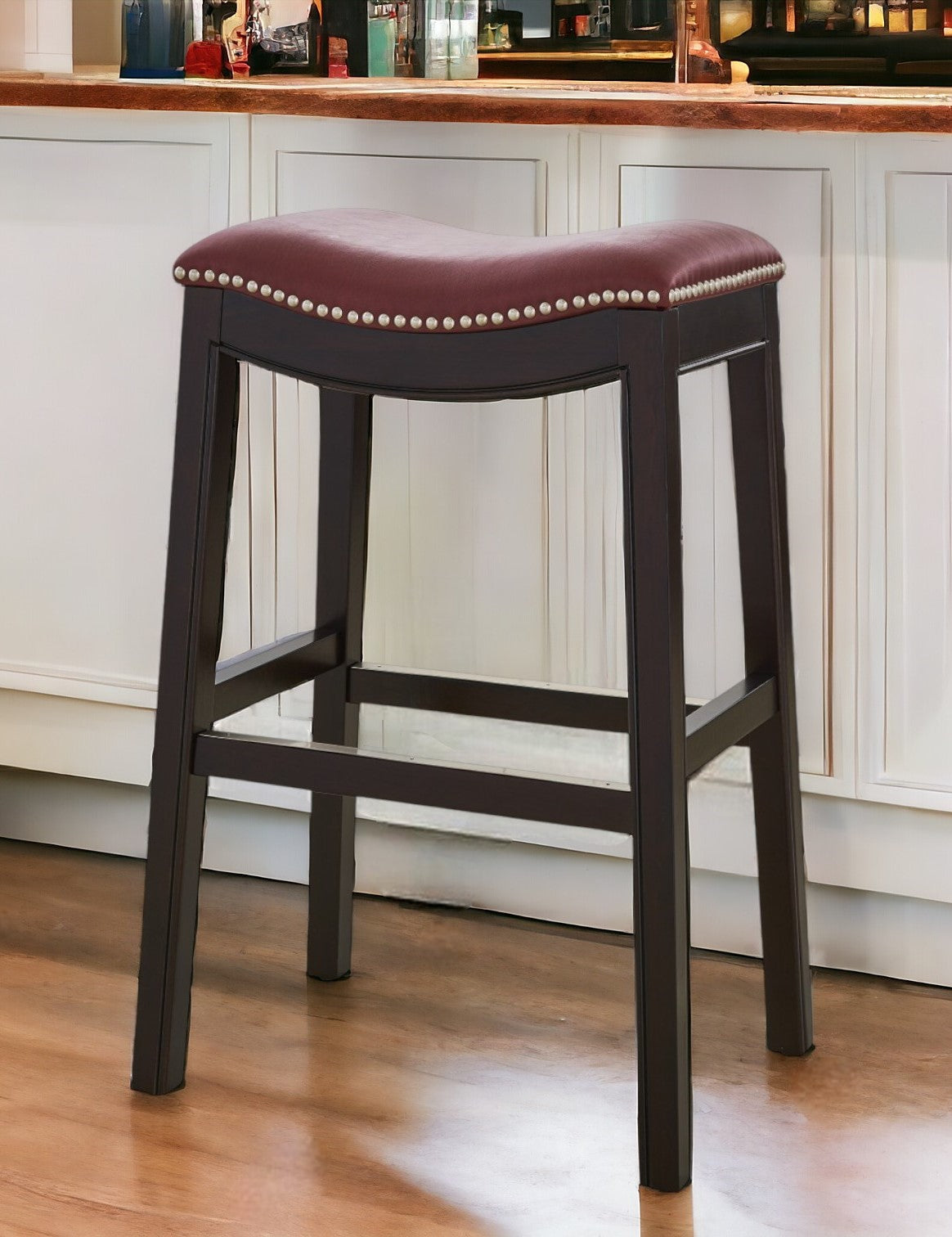 31" Dark Red and Espresso Solid Wood Backless Bar Chair-0