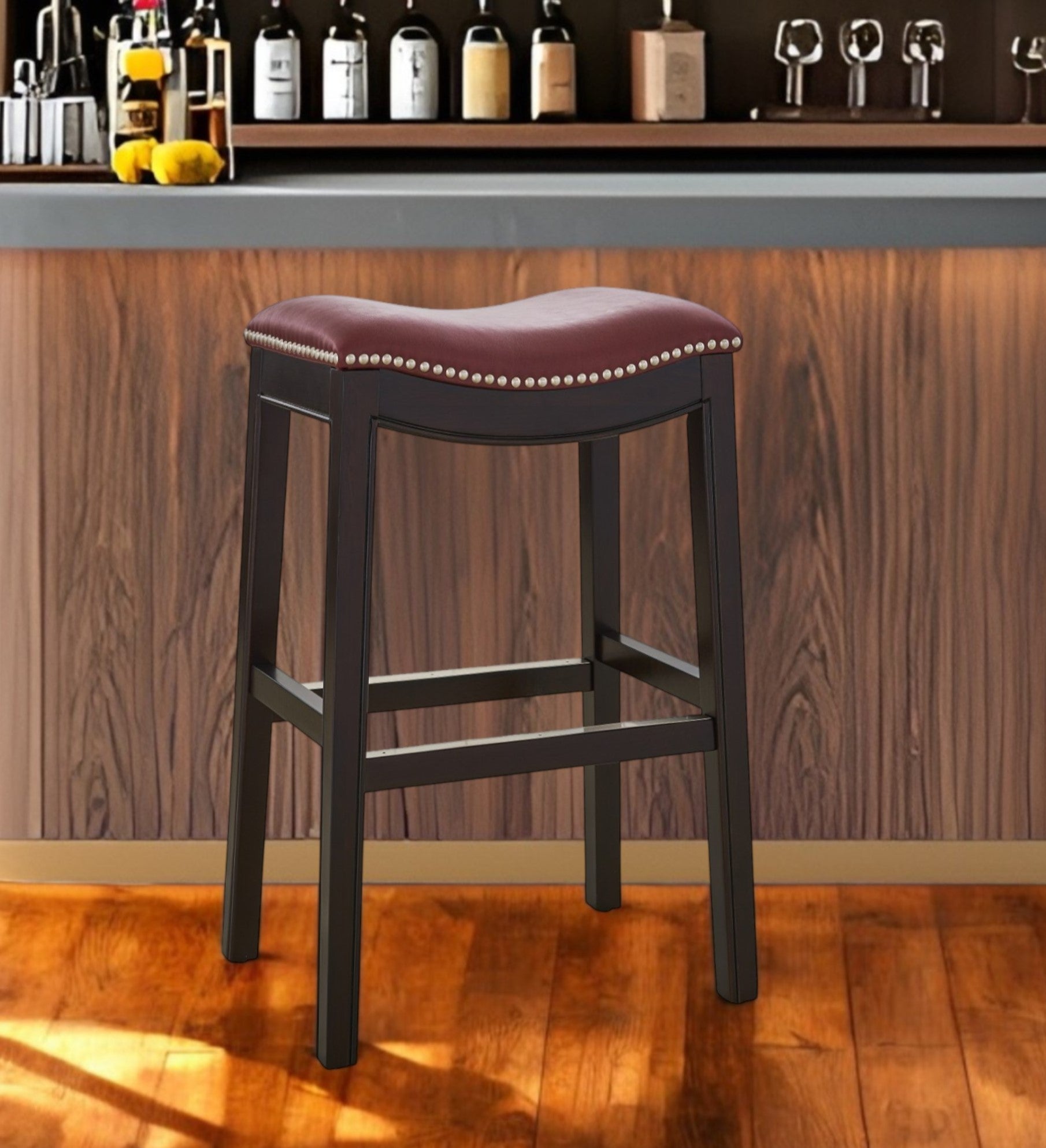 31" Dark Red and Espresso Solid Wood Backless Bar Chair-1