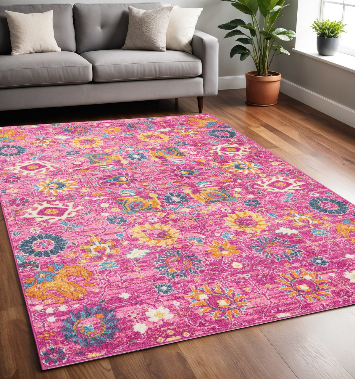 5' X 7' Fuchsia And Orange Floral Distressed Area Rug-1