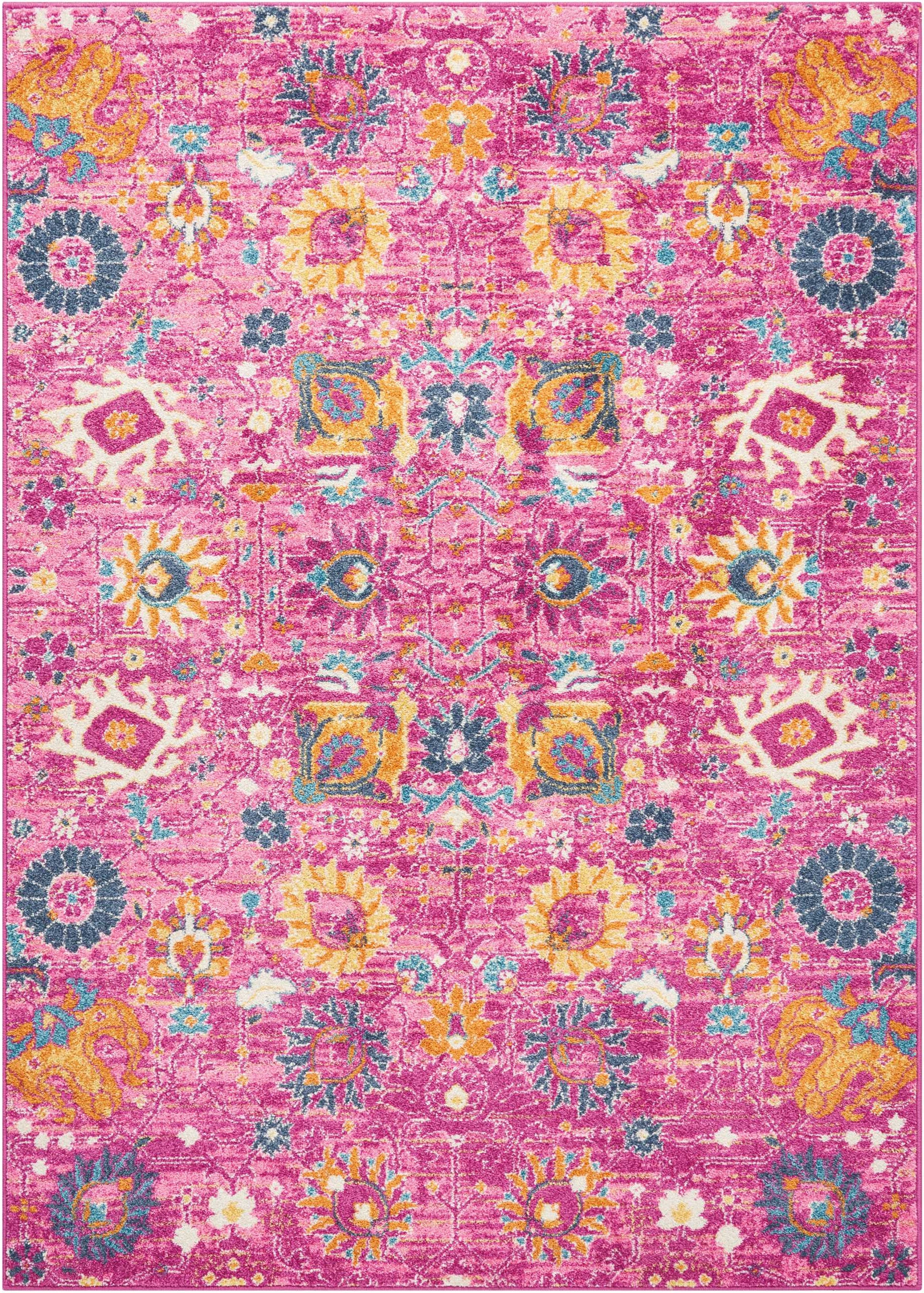 5' X 7' Fuchsia And Orange Floral Distressed Area Rug-0
