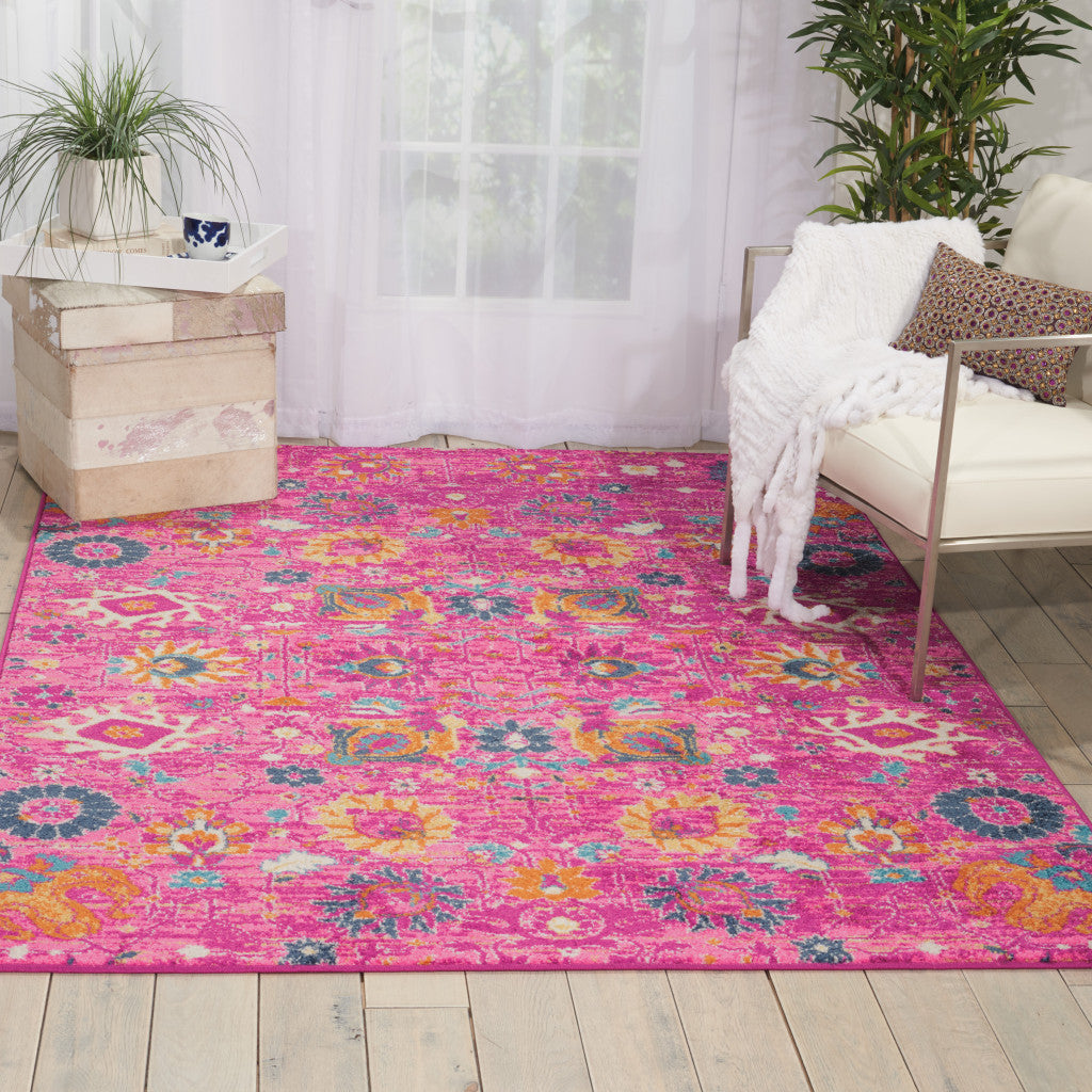 5' X 7' Fuchsia And Orange Floral Distressed Area Rug-3