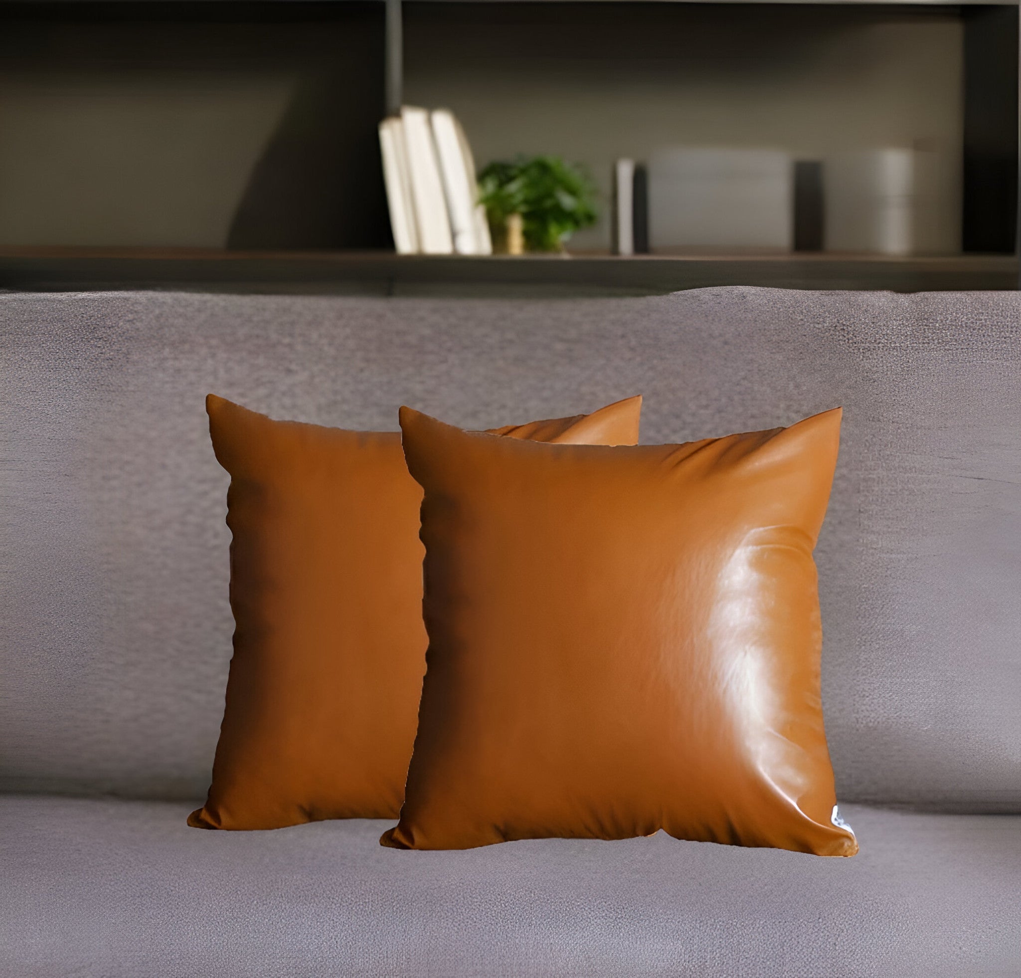 Set of Two 17" Brown Faux Leather Throw Pillow Covers-0