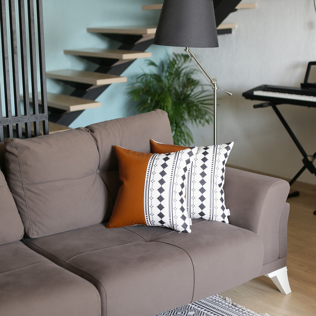 Set of Two 17" Brown And White Faux Leather Throw Pillow Covers-5