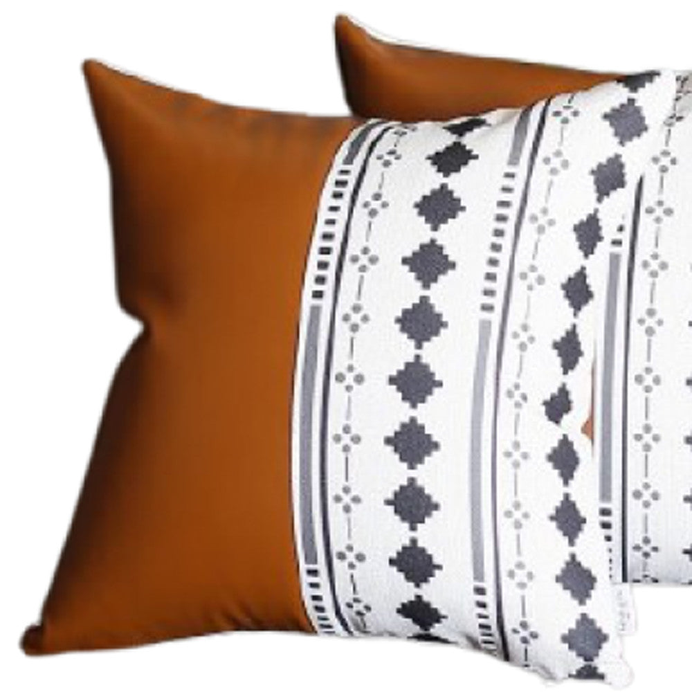 Set of Two 17" Brown And White Faux Leather Throw Pillow Covers-4
