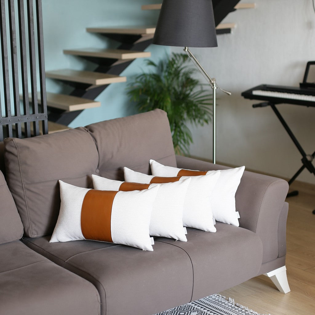 Set of Four 12" X 20" Brown And White Faux Leather Throw Pillow Covers-4