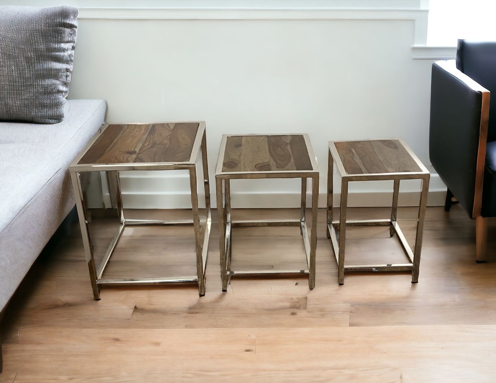 Set of Three 21" Silver And Brown Solid Wood Nested Tables-1