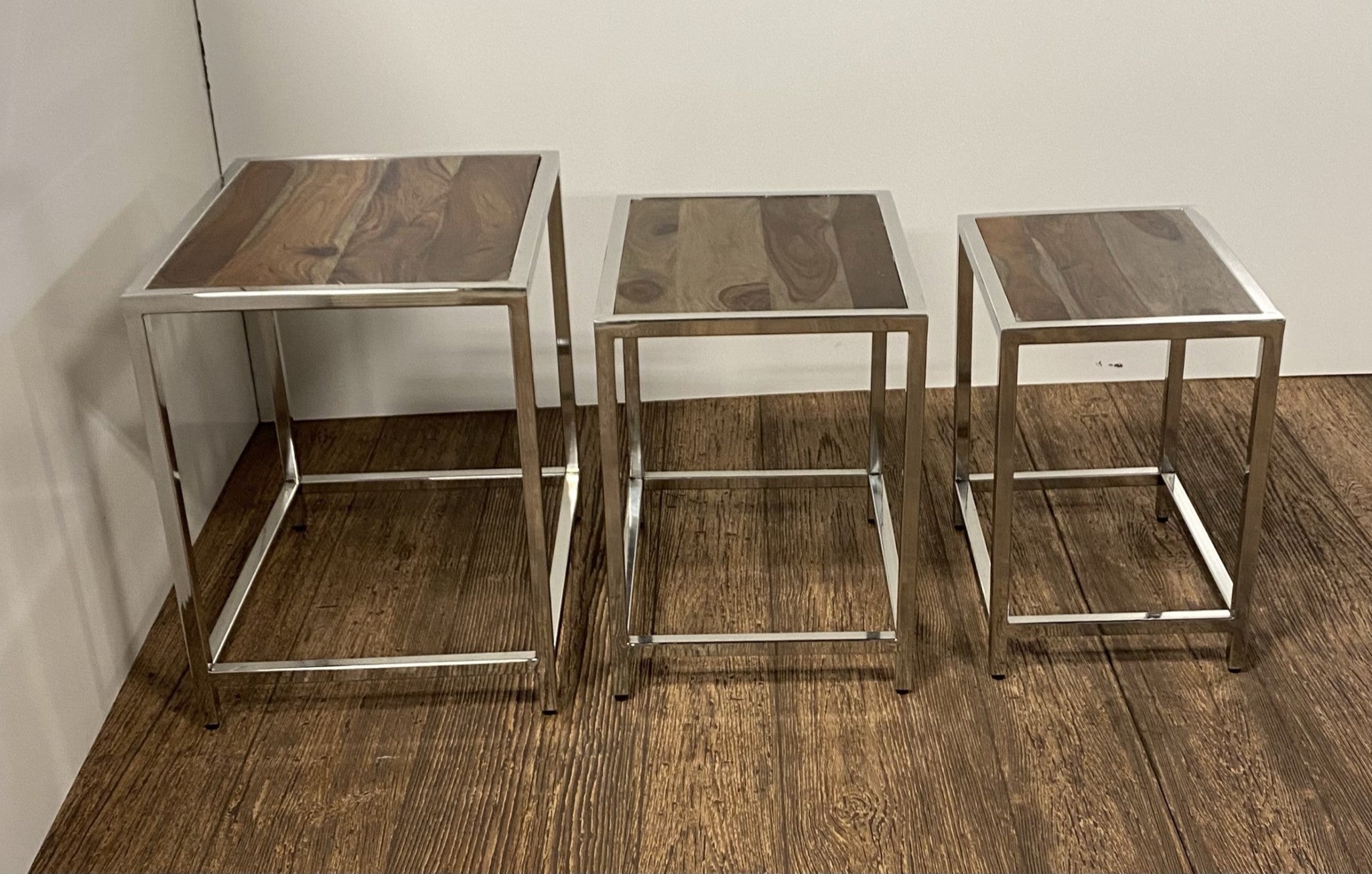 Set of Three 21" Silver And Brown Solid Wood Nested Tables-5