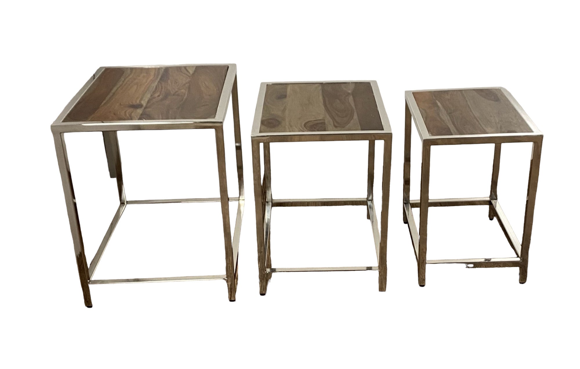 Set of Three 21" Silver And Brown Solid Wood Nested Tables-0