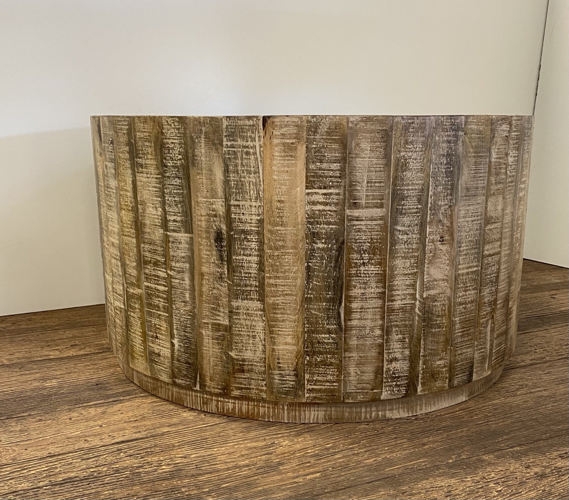 32" Brown Solid Wood Round Distressed Drum Coffee Table-6
