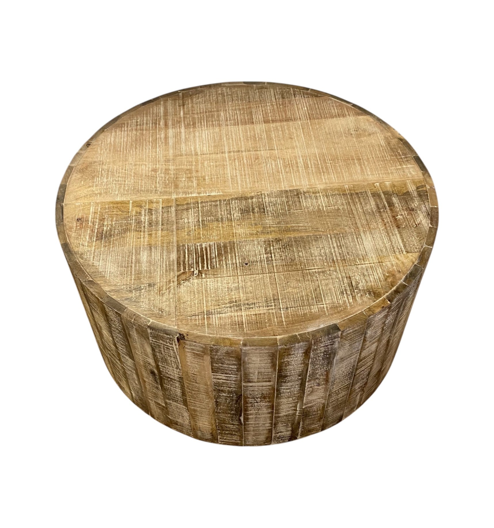 32" Brown Solid Wood Round Distressed Drum Coffee Table-3