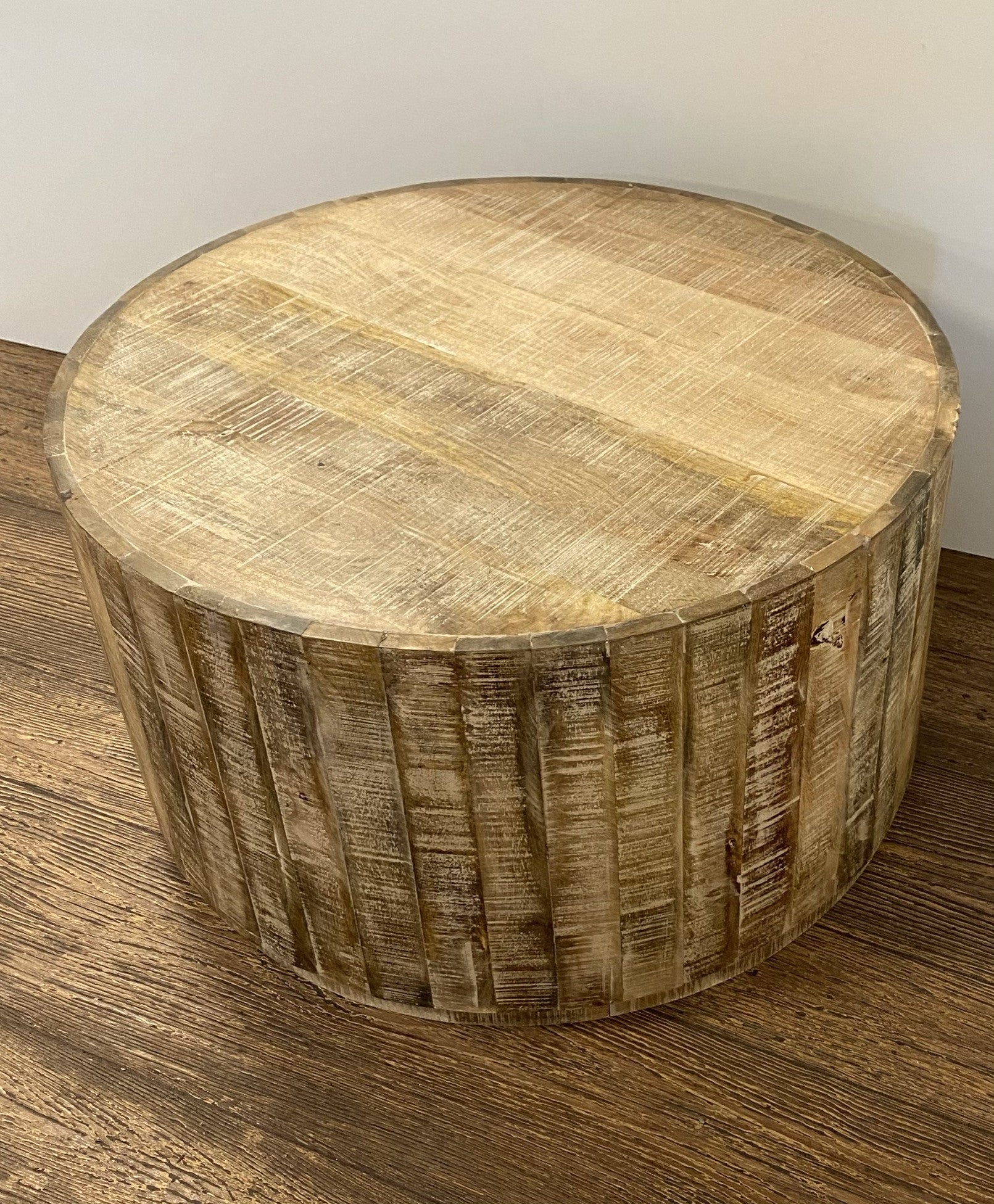 32" Brown Solid Wood Round Distressed Drum Coffee Table-8