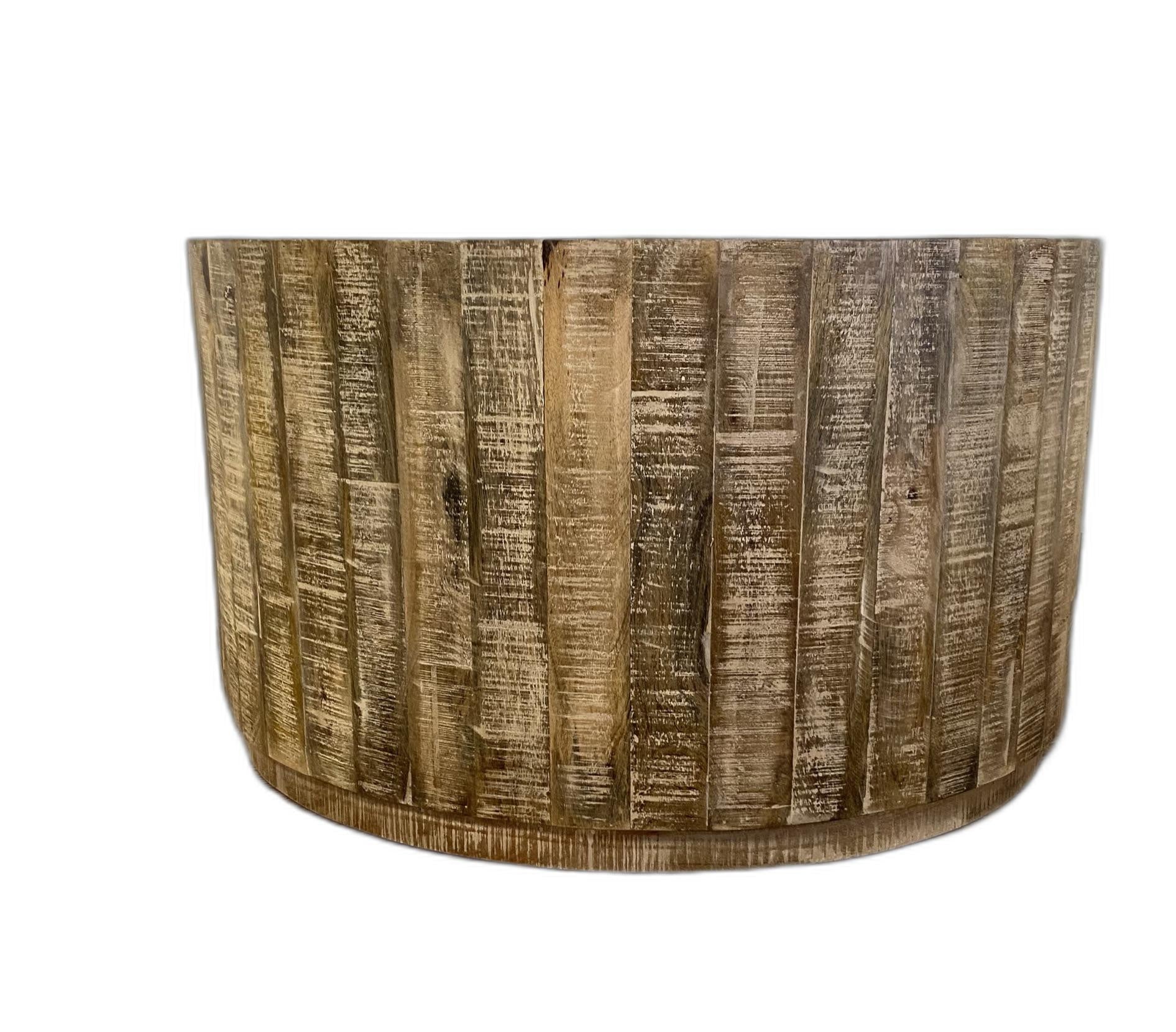32" Brown Solid Wood Round Distressed Drum Coffee Table-4