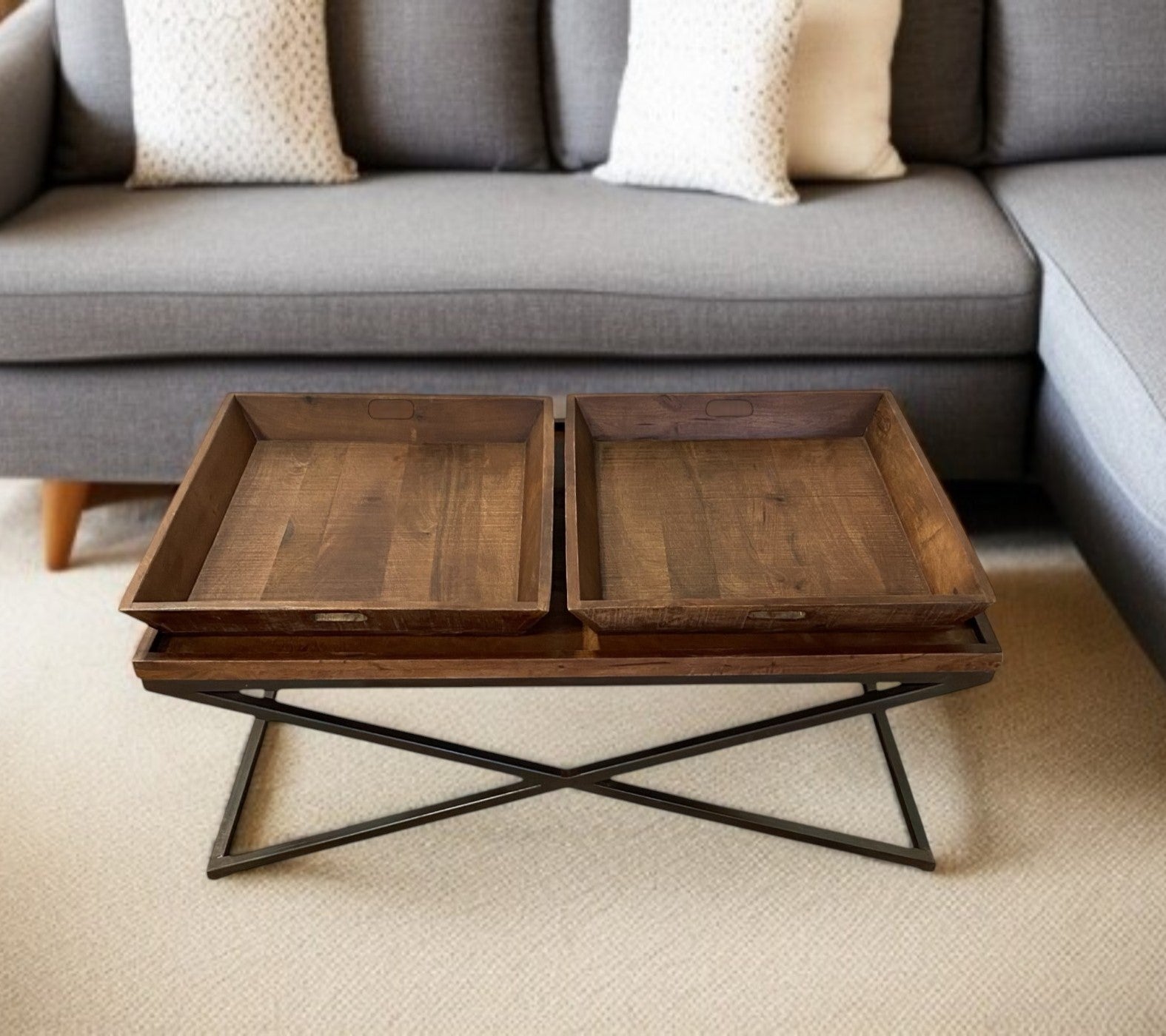 27" Brown And Black Solid Wood Cross Legs Coffee Table-0