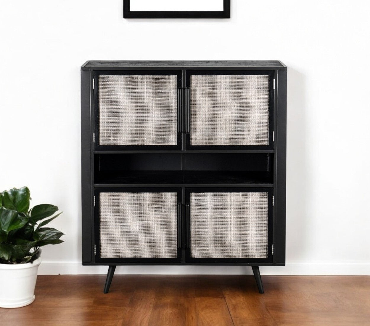 51" Black And Natural Wood And Rattan Accent Cabinet-0