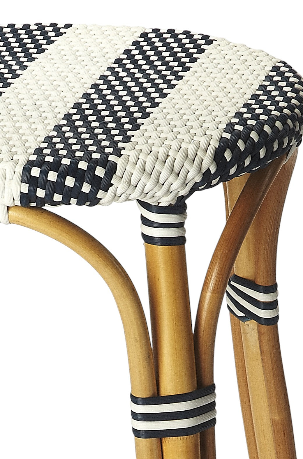 30" Blue and White and Natural Heavy Duty Rattan Backless Bar Height Bar Chair-3