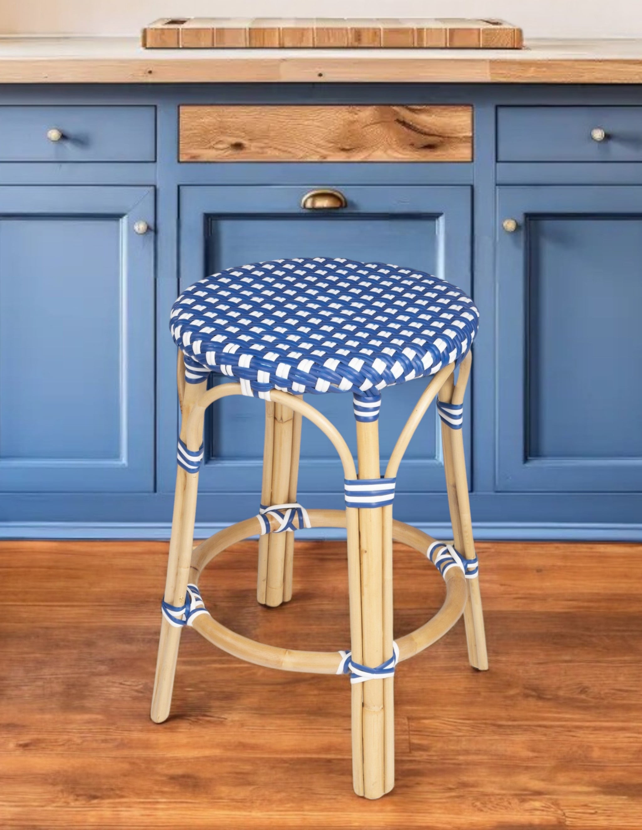 24" Blue and White and Wood Brown Heavy Duty Rattan Backless Counter Height Bar Chair-1