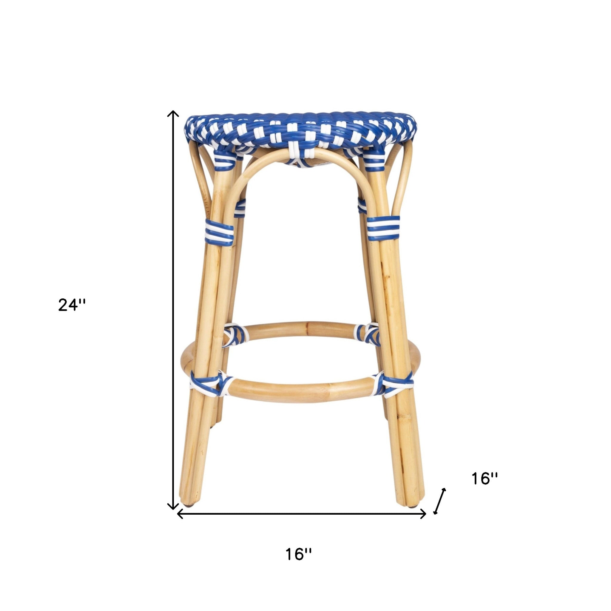 24" Blue and White and Wood Brown Heavy Duty Rattan Backless Counter Height Bar Chair-7