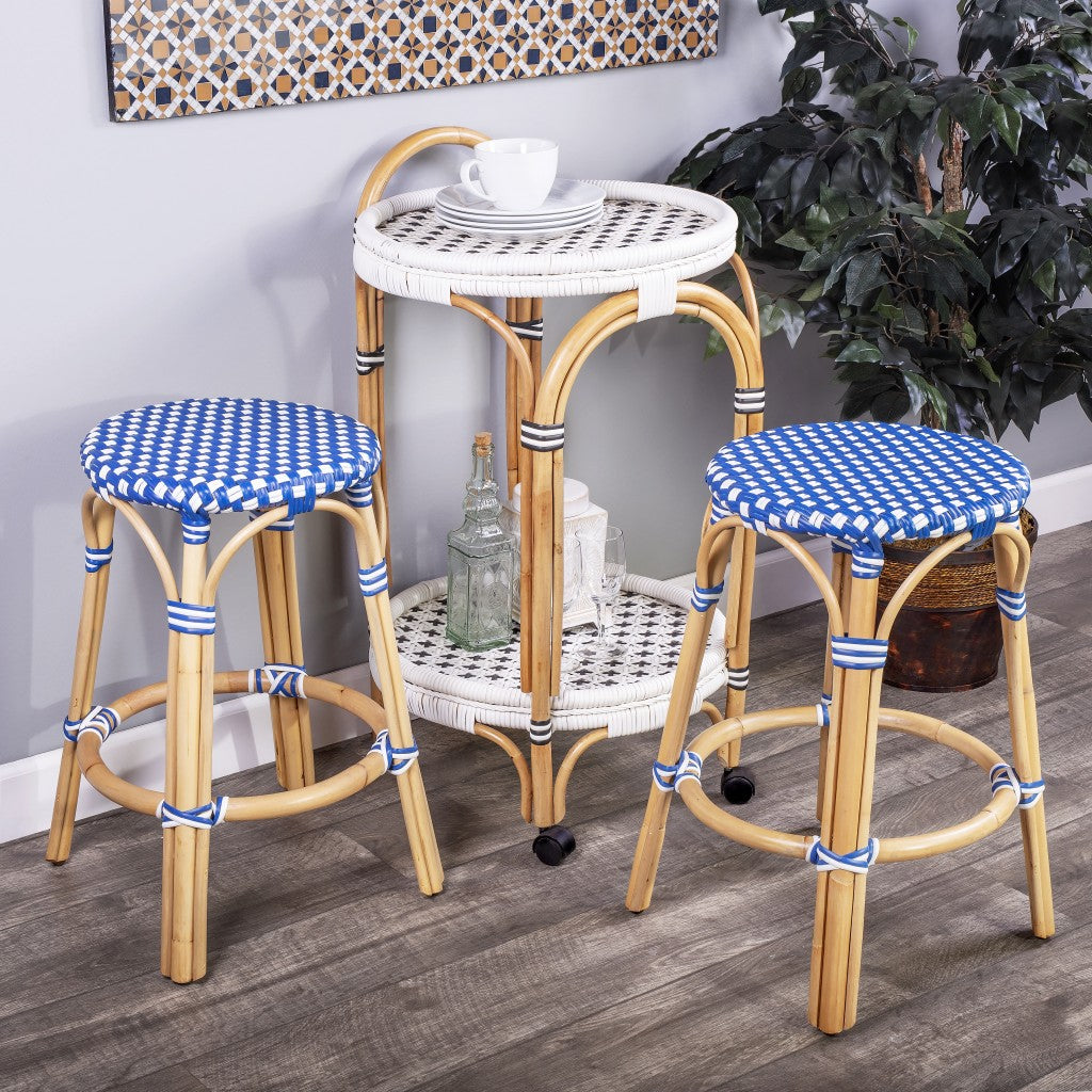 24" Blue and White and Wood Brown Heavy Duty Rattan Backless Counter Height Bar Chair-6