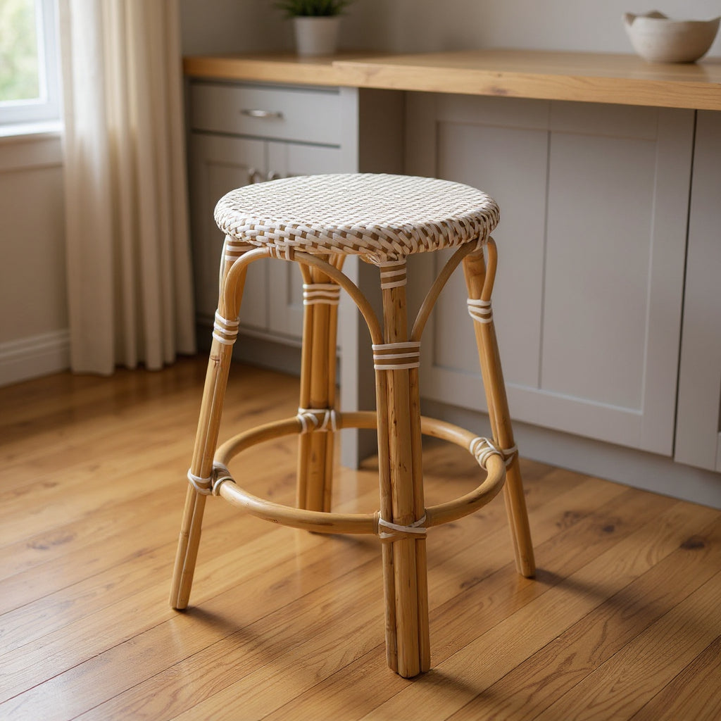 24" Natural and White Heavy Duty Plastic and Rattan Backless Counter Height Bar Chair-1