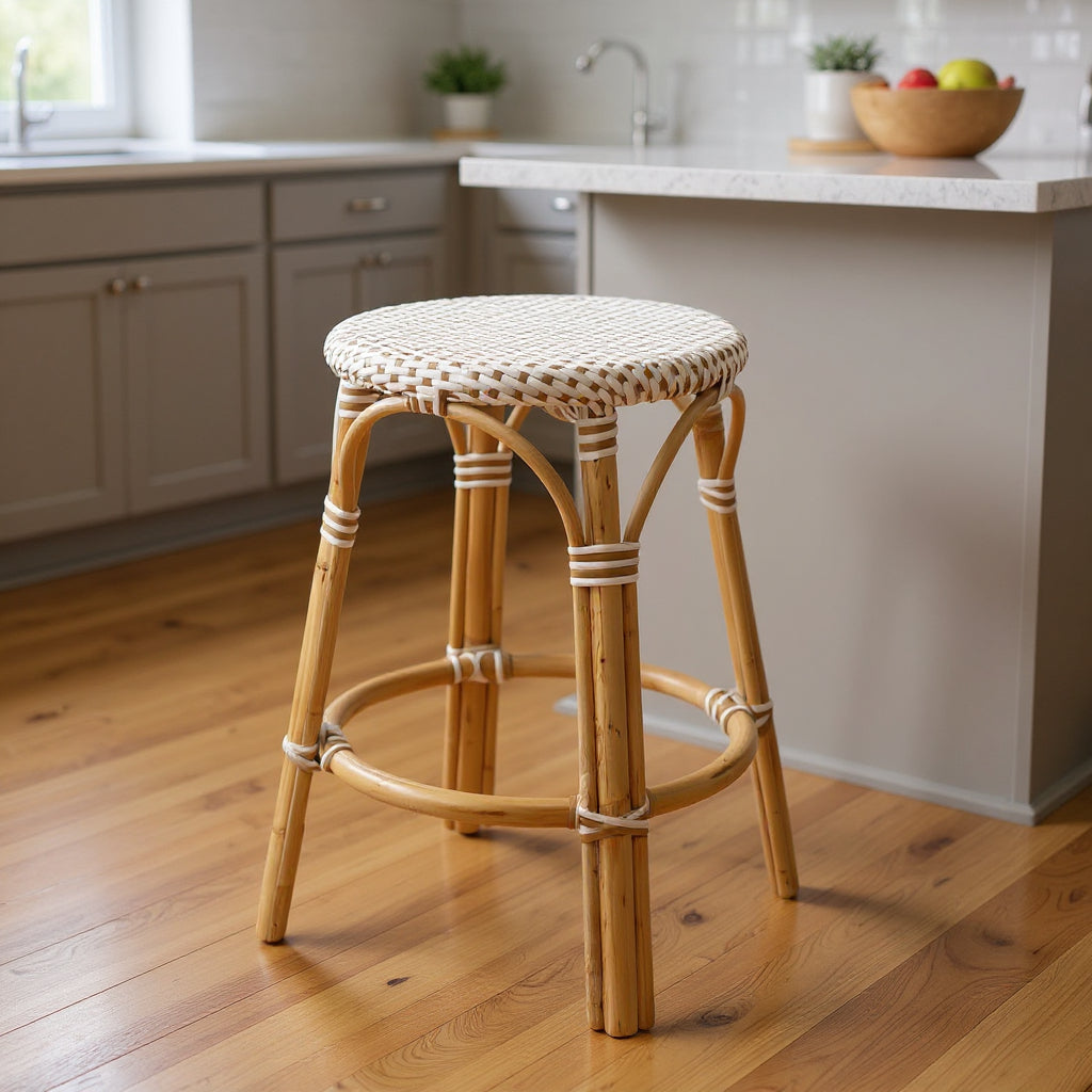 24" Natural and White Heavy Duty Plastic and Rattan Backless Counter Height Bar Chair-0