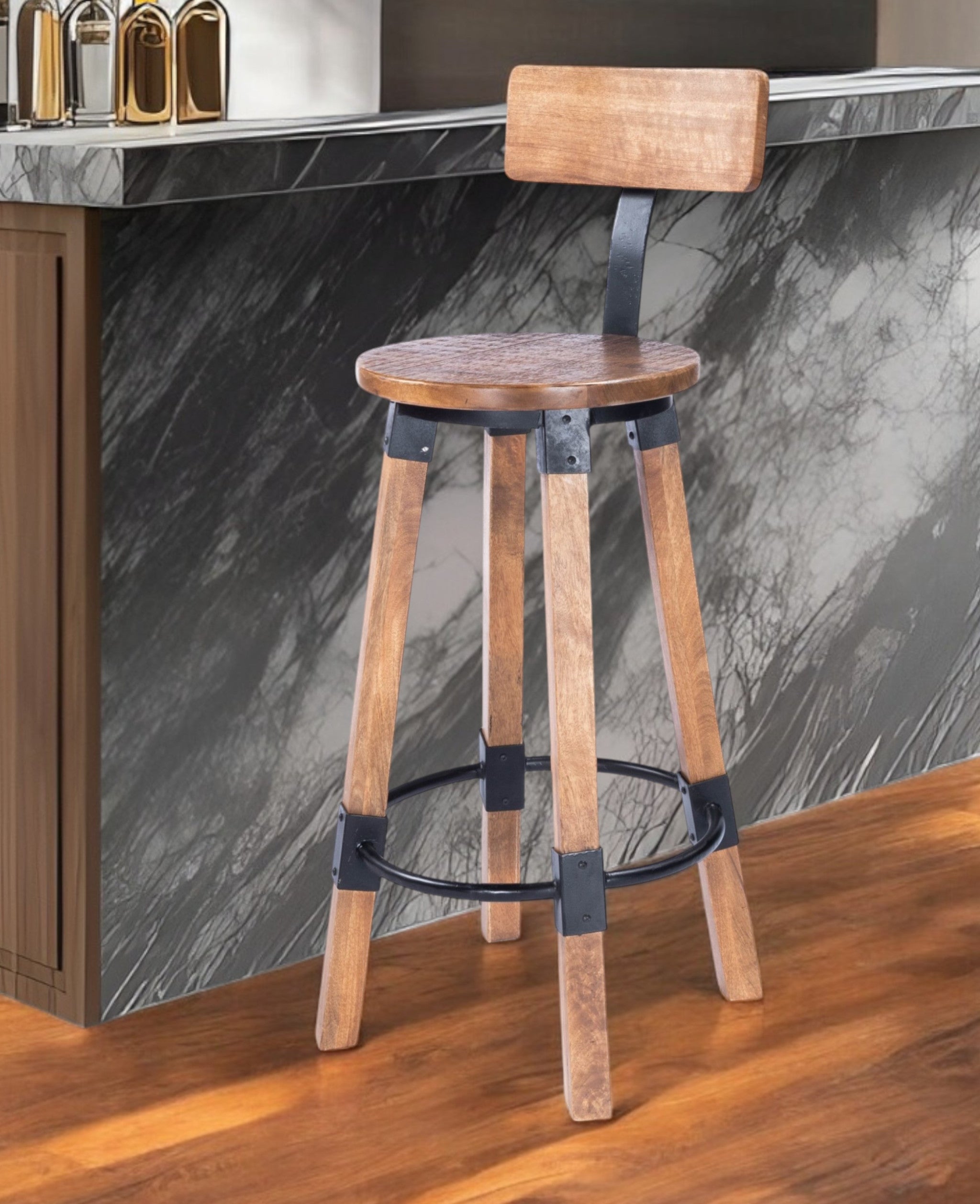 28" Brown and Natural Solid Wood and Iron Bar Chair-0