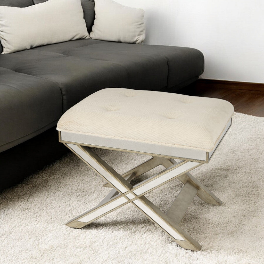 26" Ivory Cotton and Brown Tufted Ottoman-0