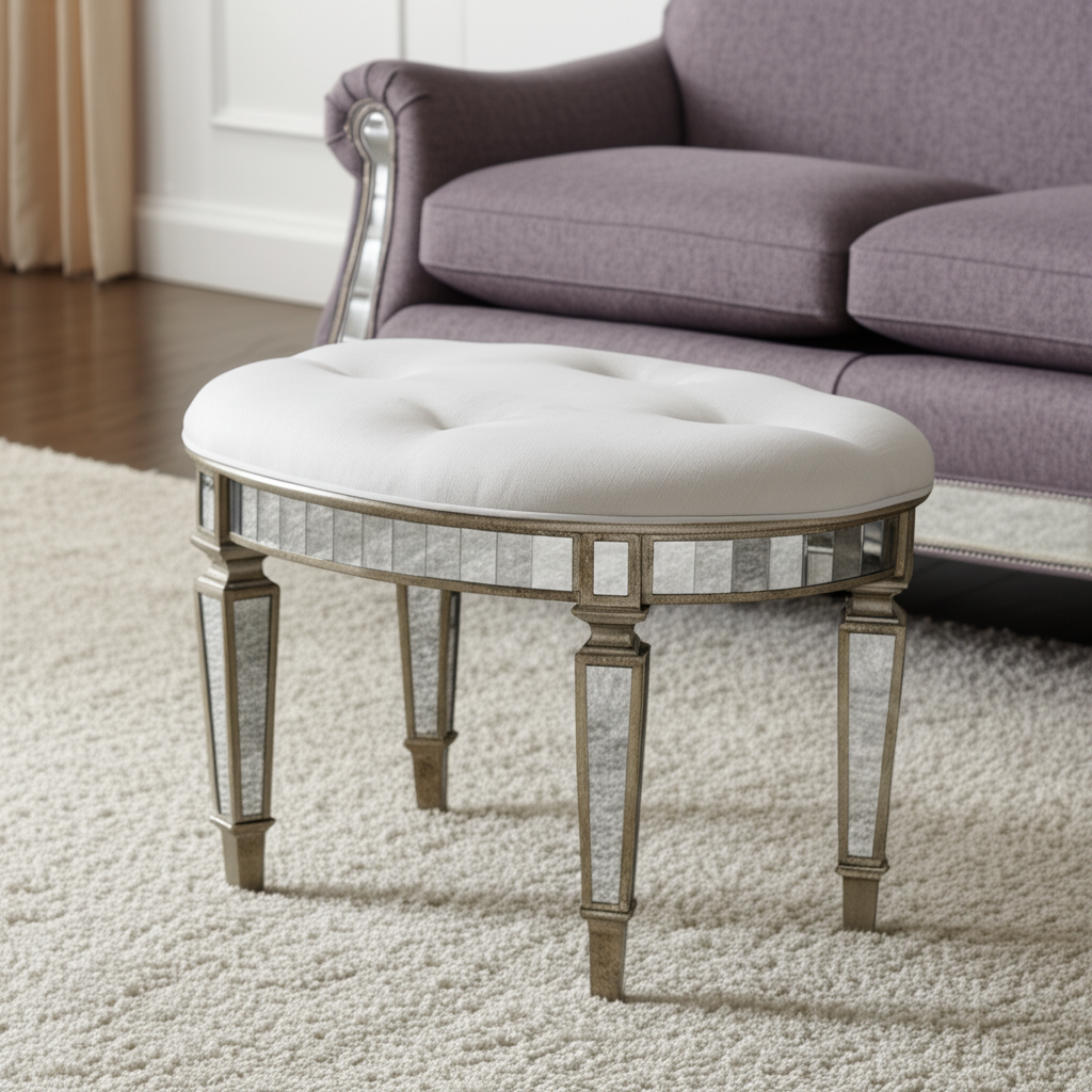 24" Cream Linen And Silver Metallic Round Ottoman-0