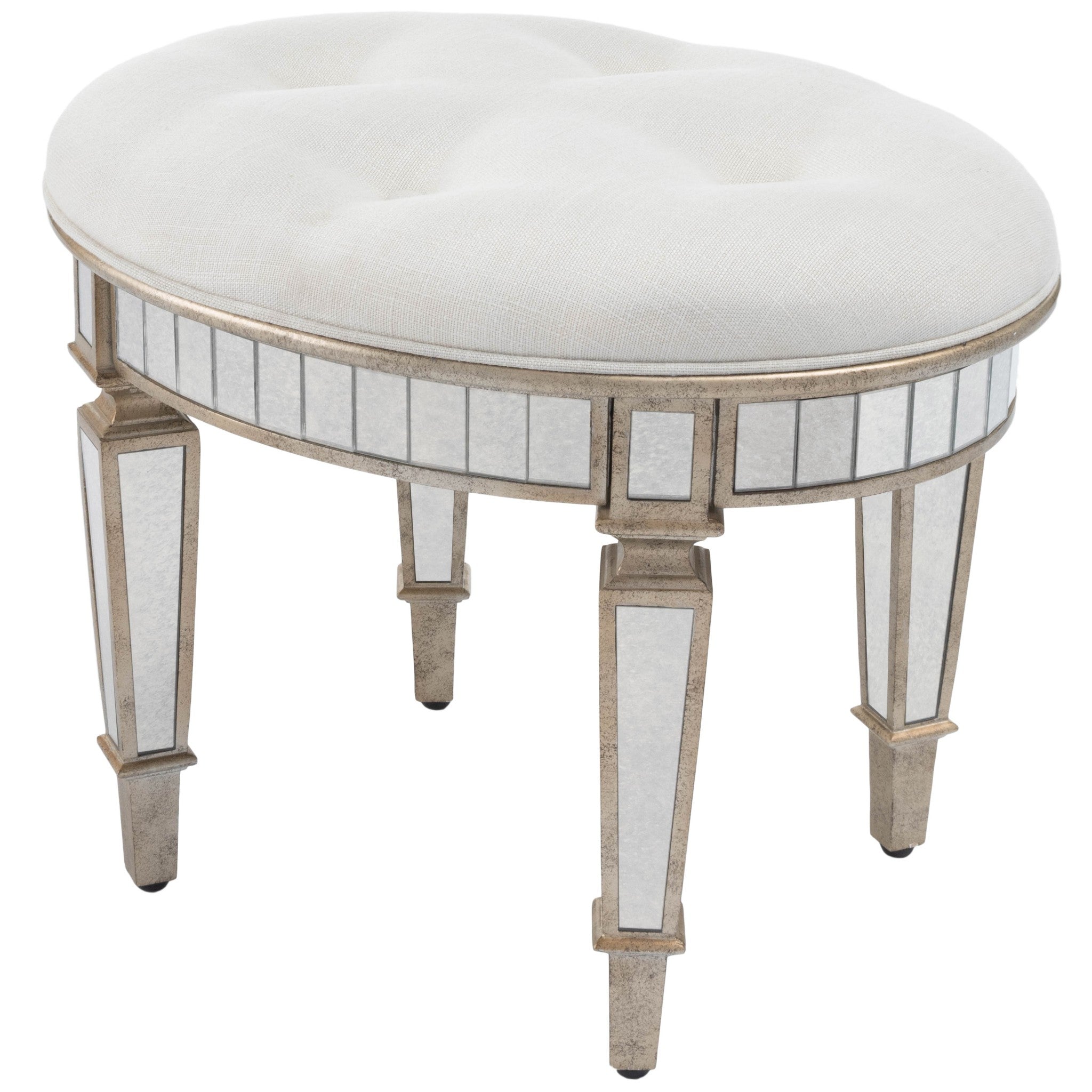 24" Cream Linen And Silver Metallic Round Ottoman-2