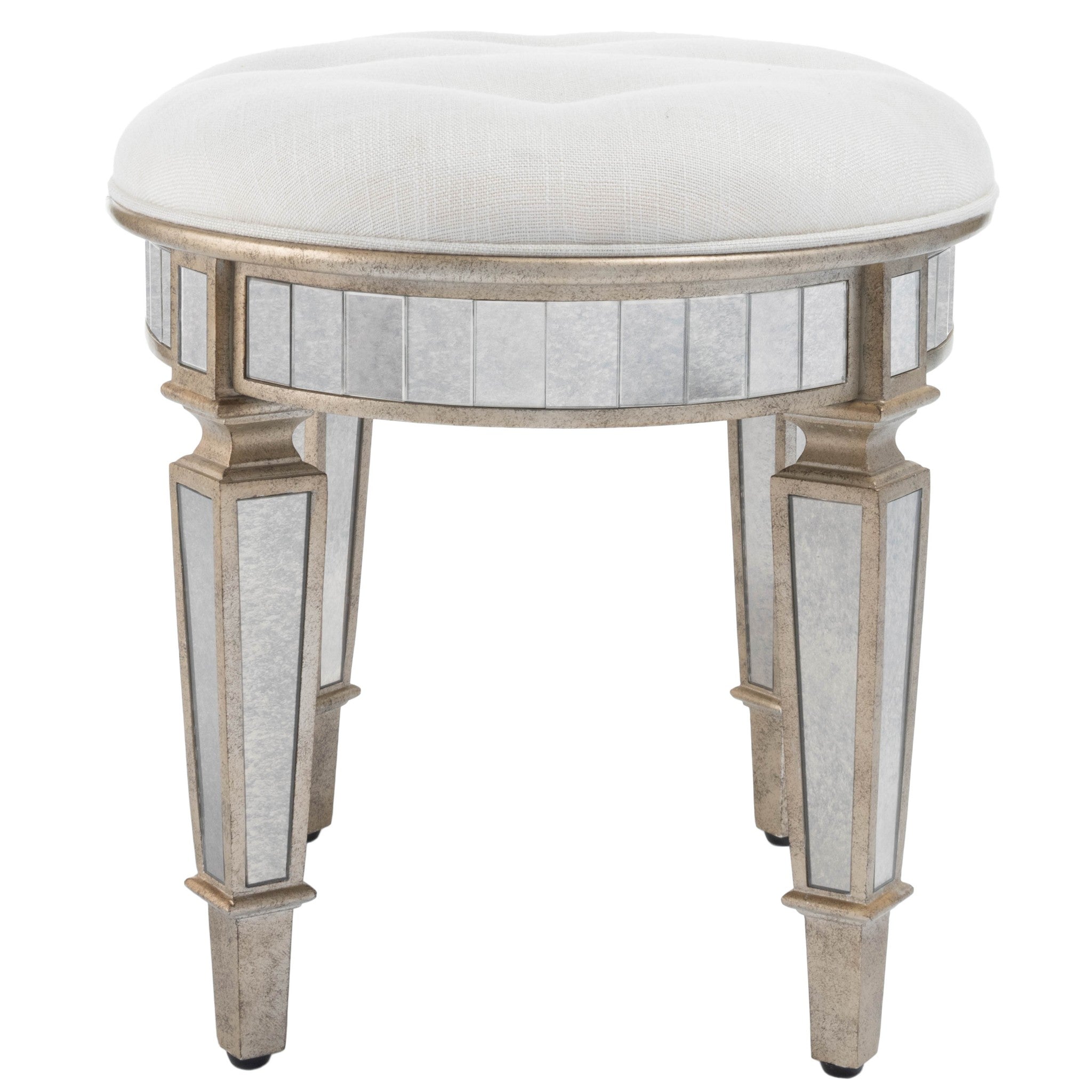 24" Cream Linen And Silver Metallic Round Ottoman-3