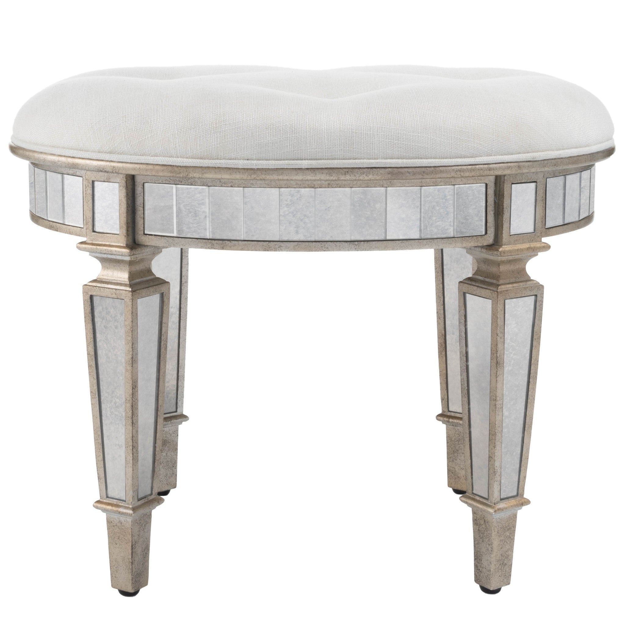 24" Cream Linen And Silver Metallic Round Ottoman-4