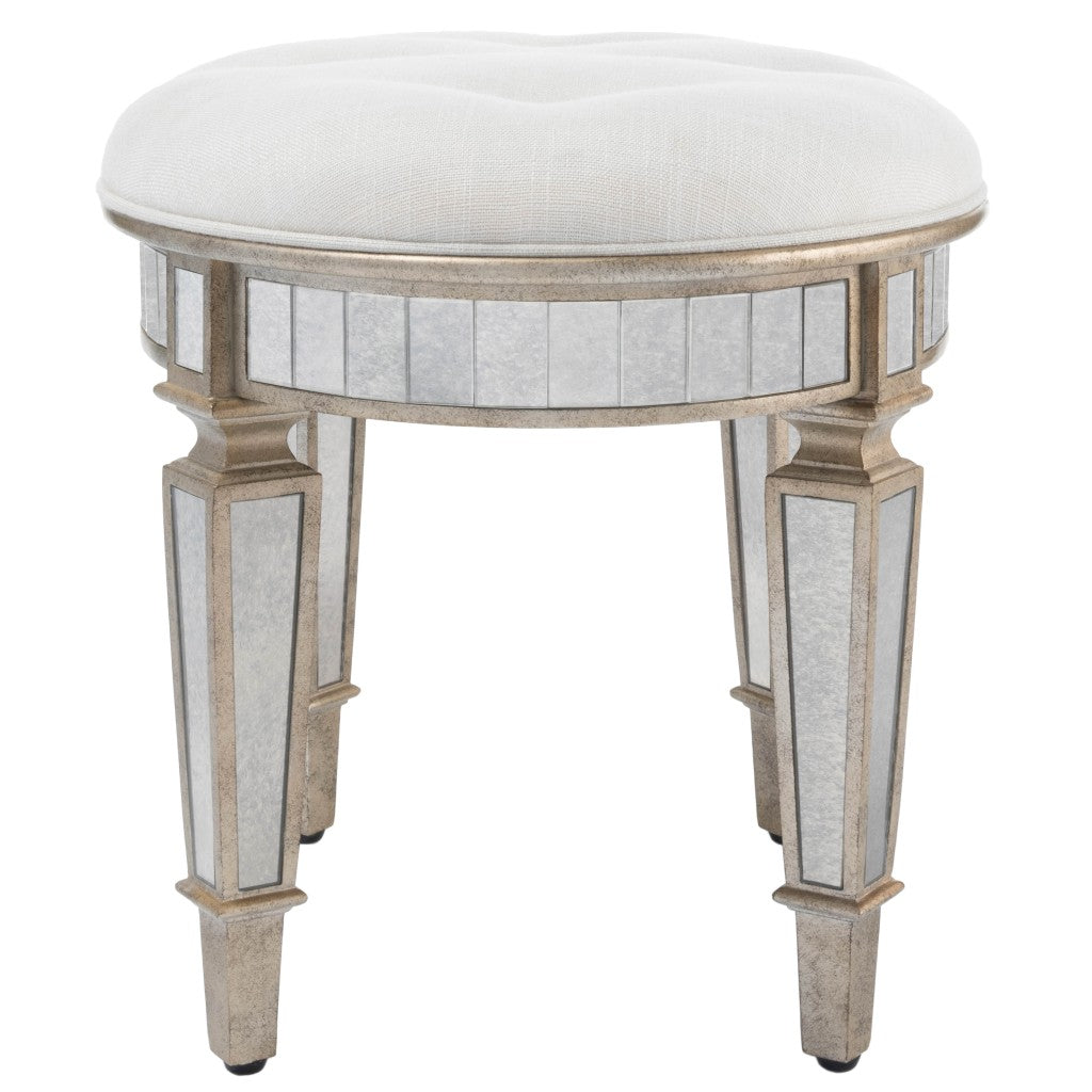 24" Cream Linen And Silver Metallic Round Ottoman-5