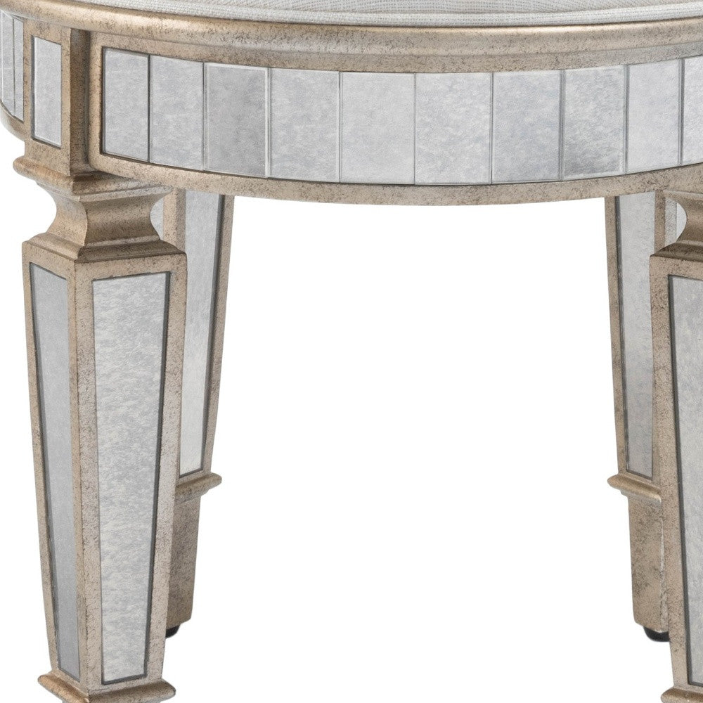 24" Cream Linen And Silver Metallic Round Ottoman-7