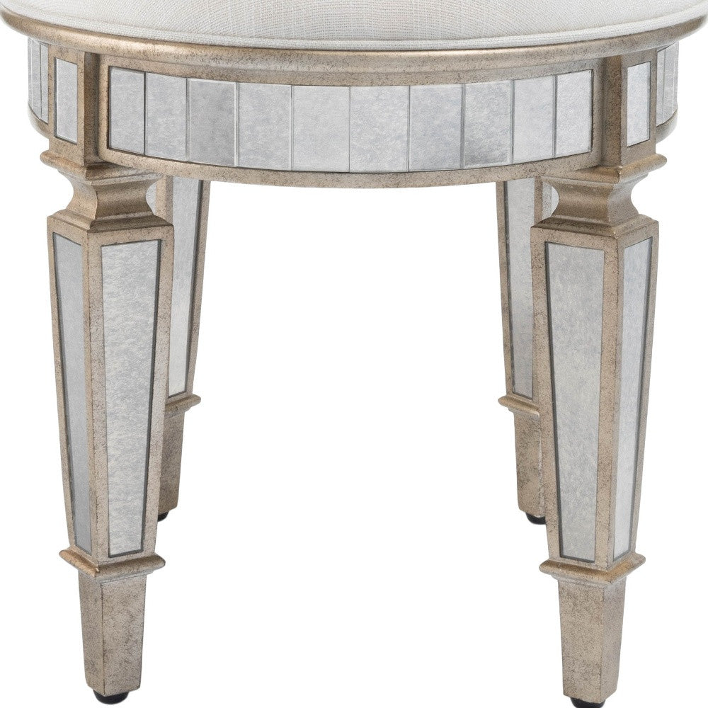 24" Cream Linen And Silver Metallic Round Ottoman-8