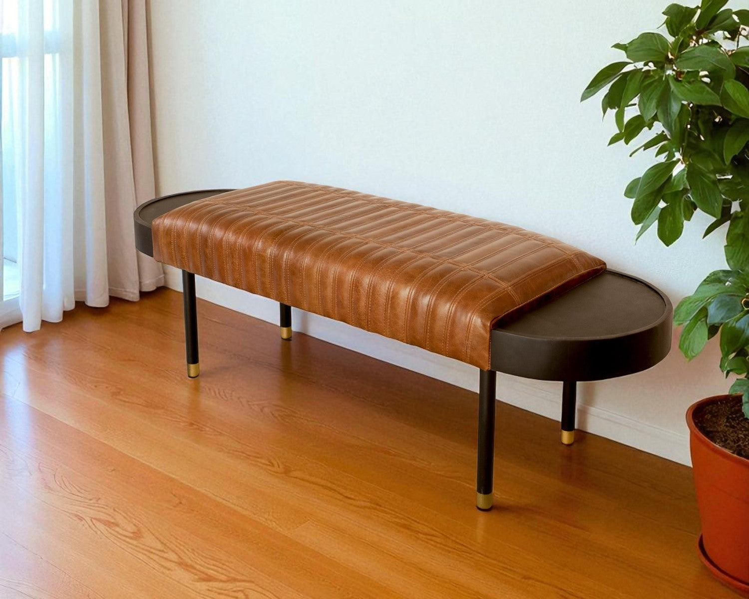 Warm Brown Leather And Solid Wood Bench-0