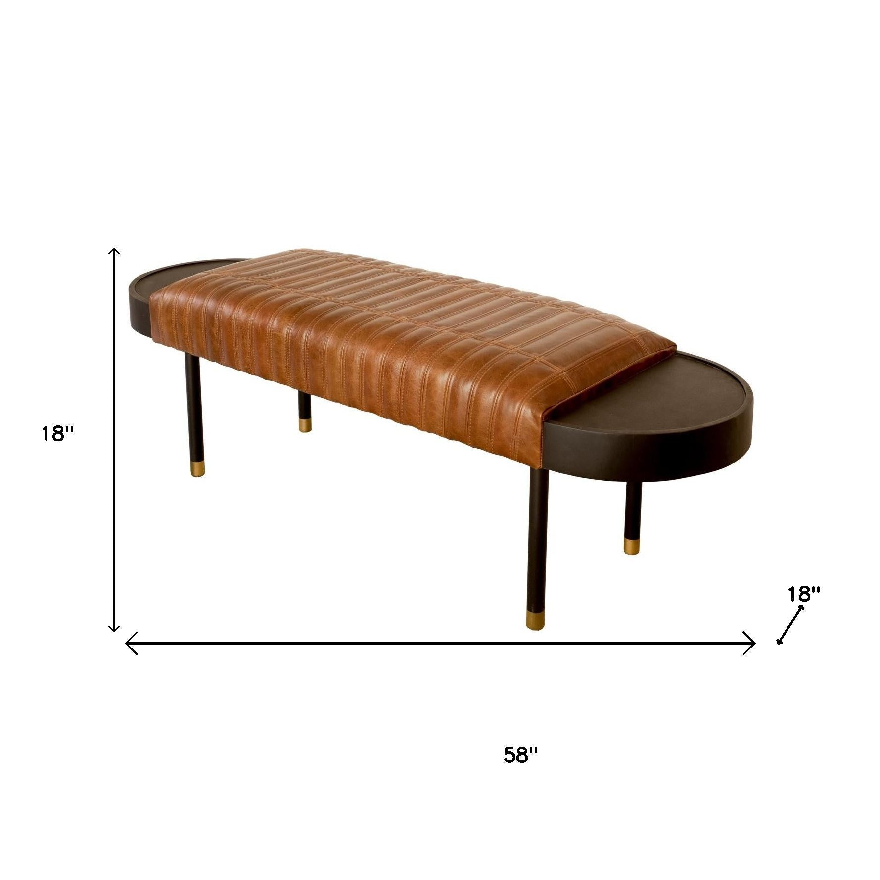 Warm Brown Leather And Solid Wood Bench-7