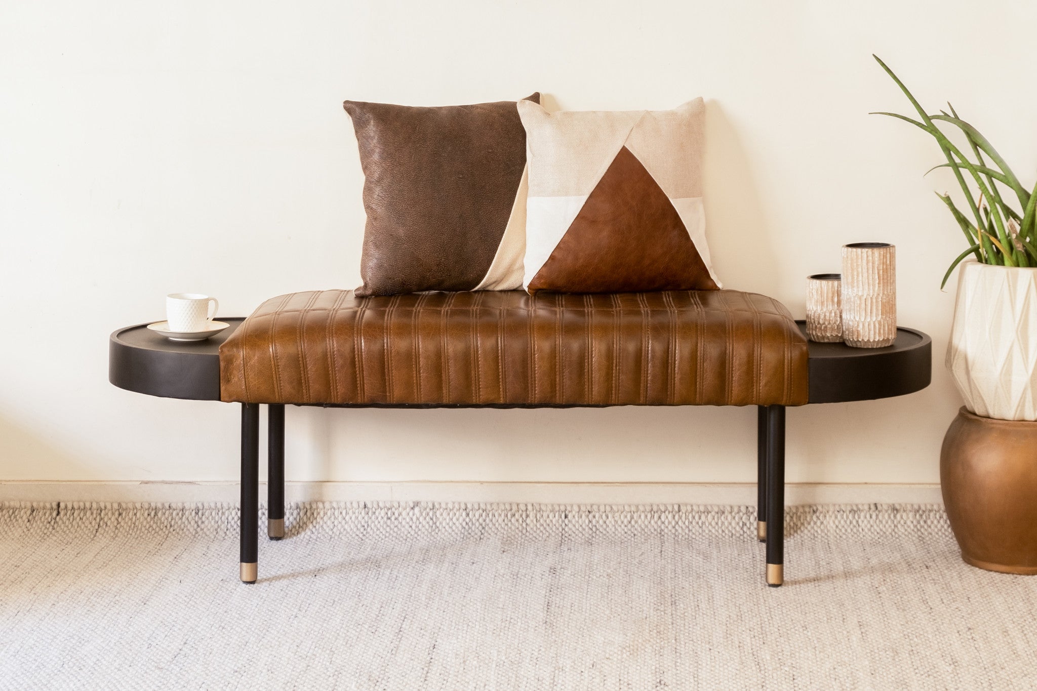 Warm Brown Leather And Solid Wood Bench-5