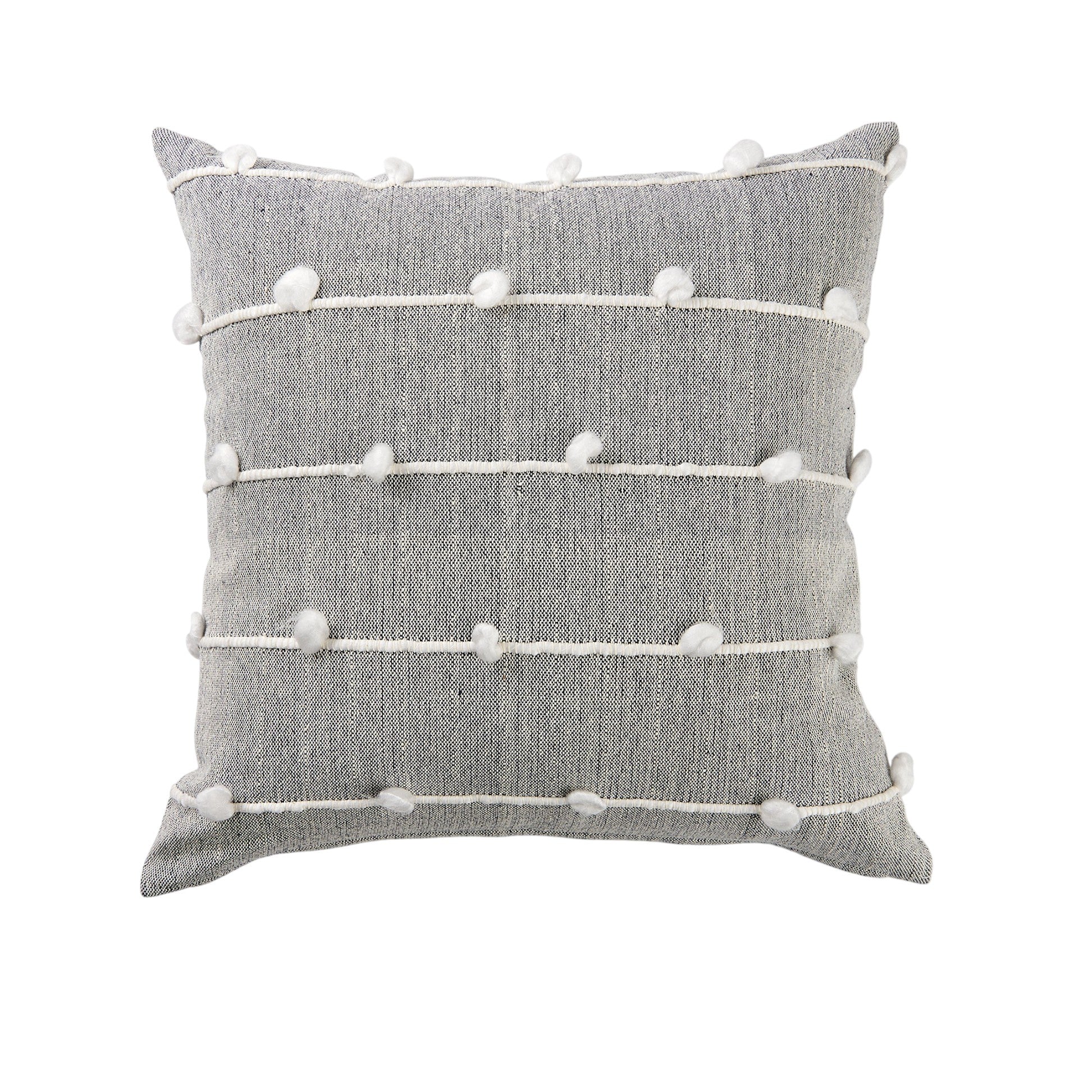20" Gray and White Striped Linen Throw Pillow Cover With Embroidery and Pom Poms-1