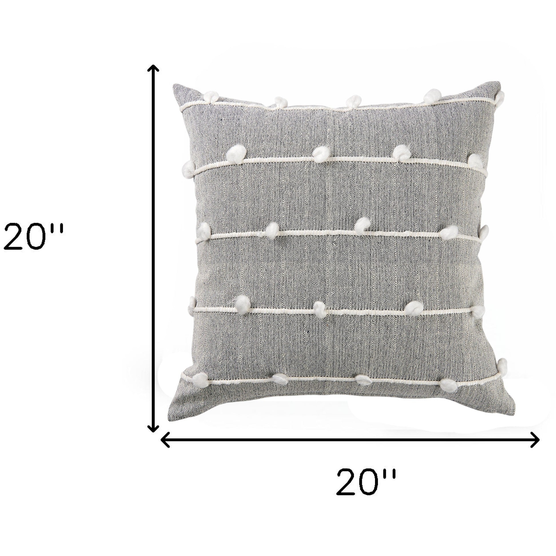 20" Gray and White Striped Linen Throw Pillow Cover With Embroidery and Pom Poms-8