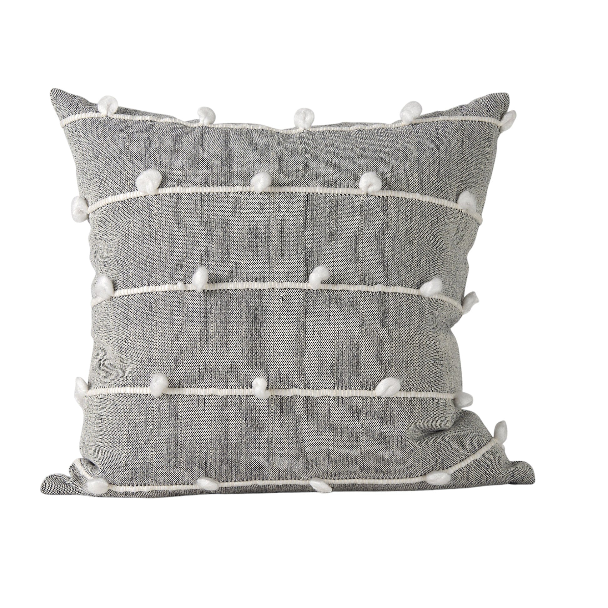 20" Gray and White Striped Linen Throw Pillow Cover With Embroidery and Pom Poms-2