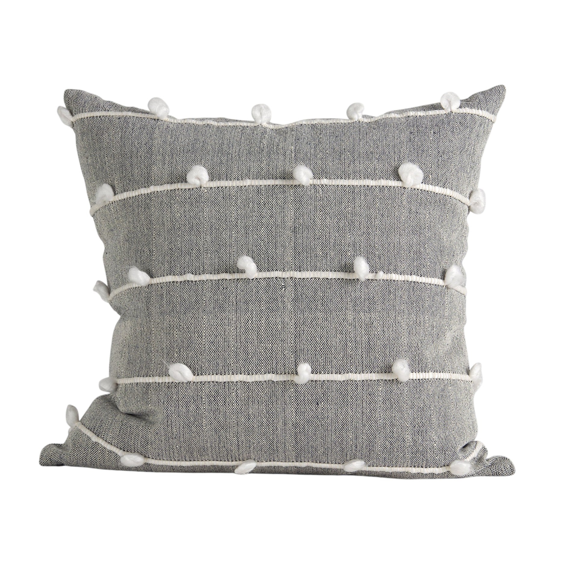 20" Gray and White Striped Linen Throw Pillow Cover With Embroidery and Pom Poms-3