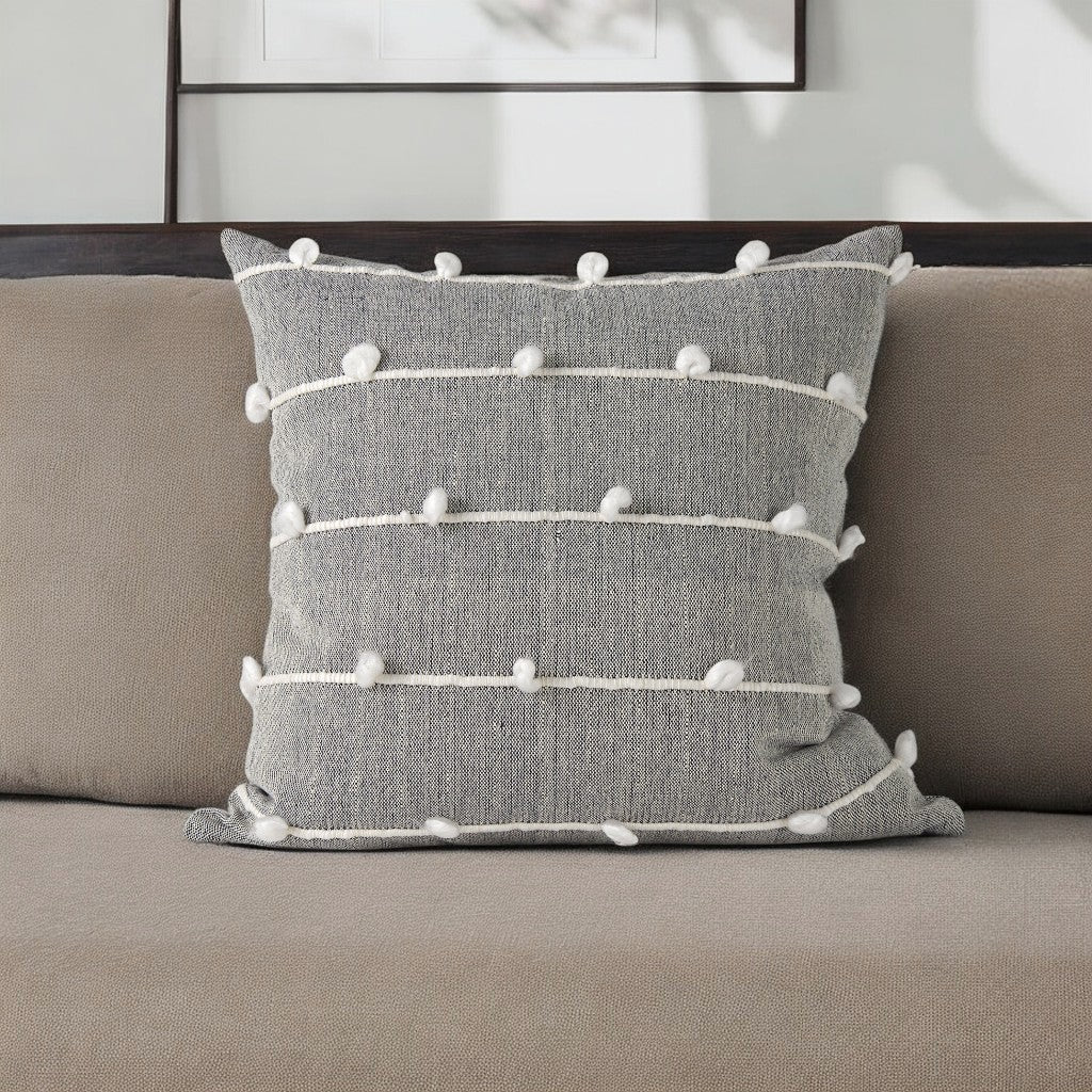 20" Gray and White Striped Linen Throw Pillow Cover With Embroidery and Pom Poms-0