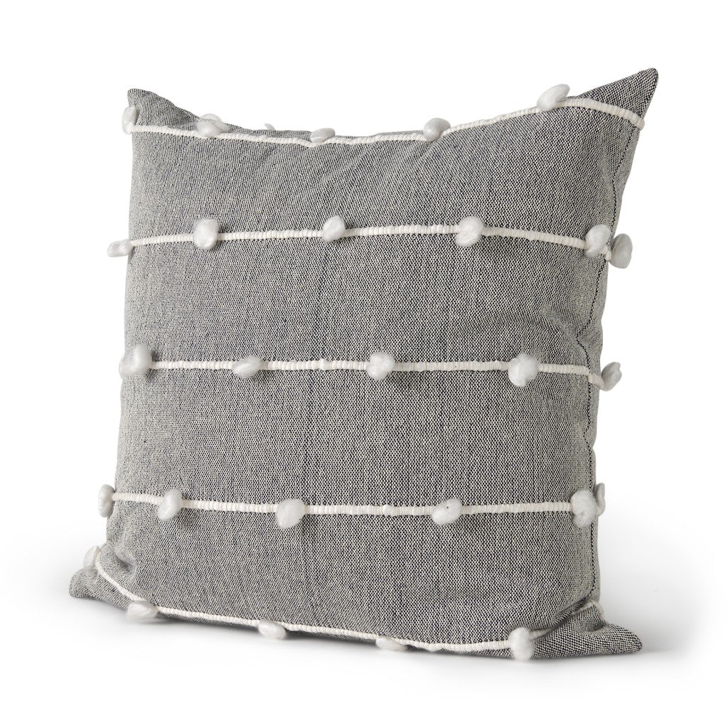 20" Gray and White Striped Linen Throw Pillow Cover With Embroidery and Pom Poms-5
