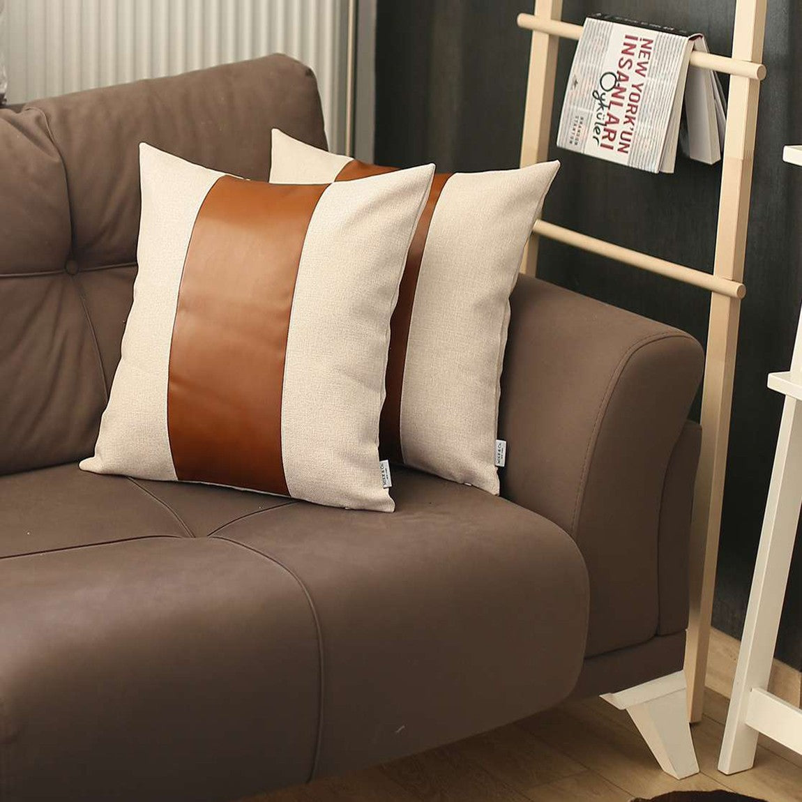 Set Of 2 White And Brown Faux Leather Pillow Covers-1