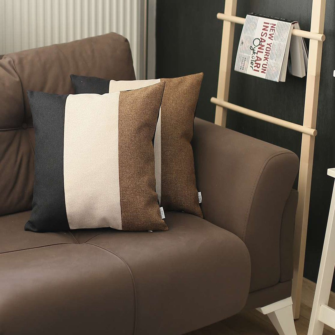 Set of Two 18" Black Ivory And Brown Fabric Throw Pillow Covers-5