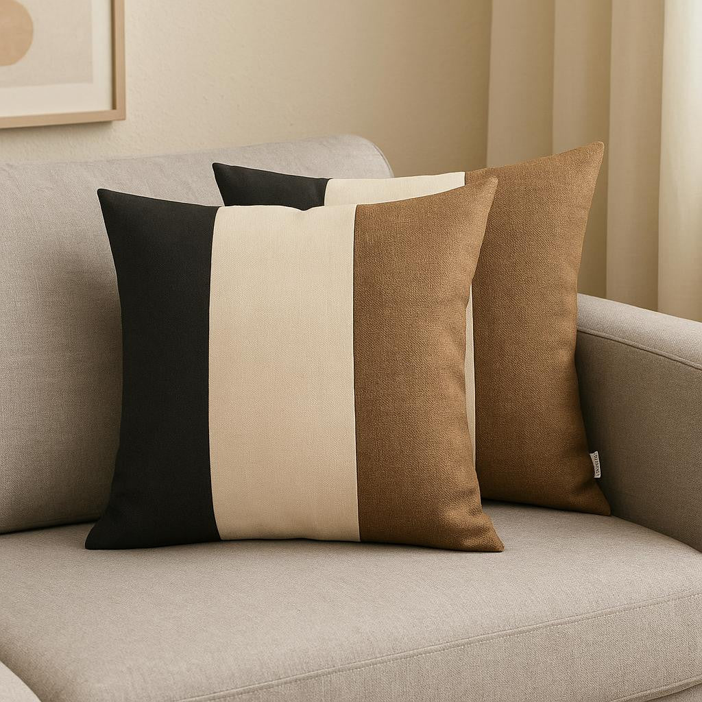 Set of Two 18" Black Ivory And Brown Fabric Throw Pillow Covers-0