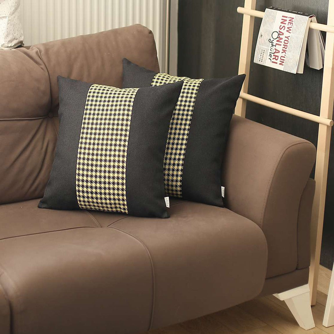 Set of Two 18" Black White and Yellow Houndstooth Fabric Throw Pillow Covers-5