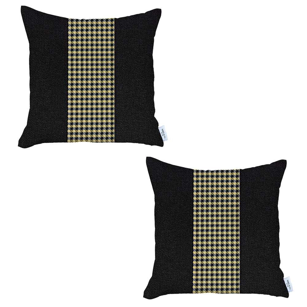 Set of Two 18" Black White and Yellow Houndstooth Fabric Throw Pillow Covers-1