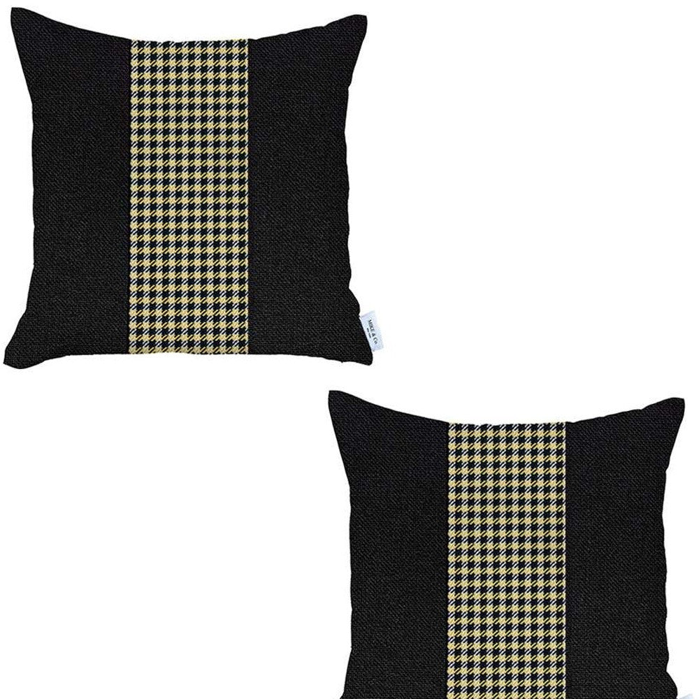 Set of Two 18" Black White and Yellow Houndstooth Fabric Throw Pillow Covers-4