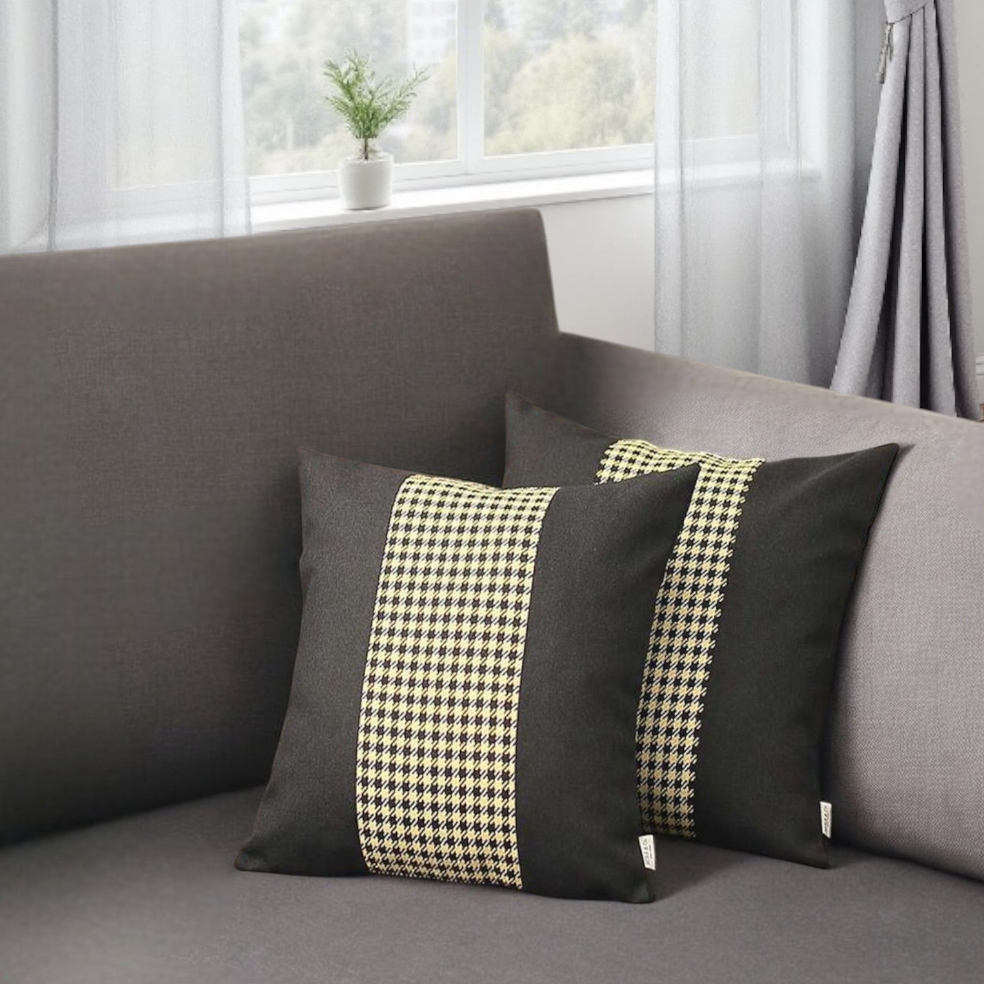 Set of Two 18" Black White and Yellow Houndstooth Fabric Throw Pillow Covers-0