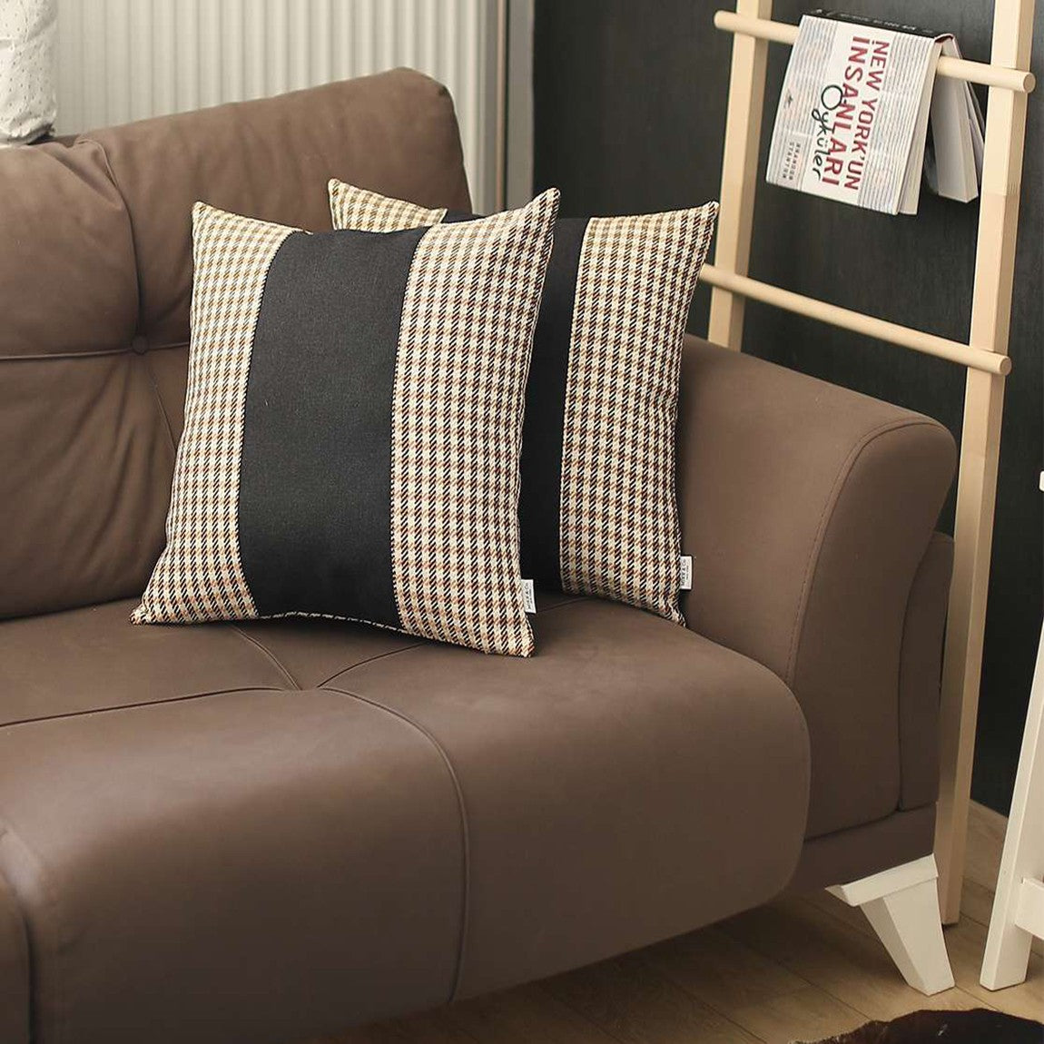 Set of Two 18" Black Brown and White Houndstooth Fabric Throw Pillow Covers-3